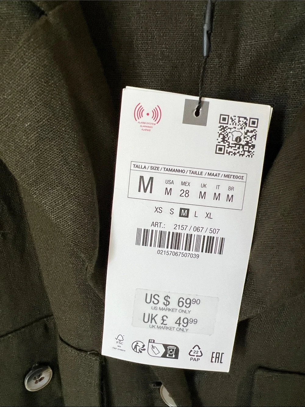NWT Zara  dark khaki green linen blend utility jogger jumpsuit M